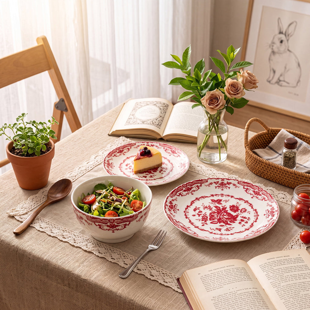 Onader 12 Piece Tableware Set, Rose Floral Dinnerware Set for 4, Ceramic Plates and Bowls Sets for Home Kitchen Restaurant, Scratch Resistant & Microwave Safe, Red