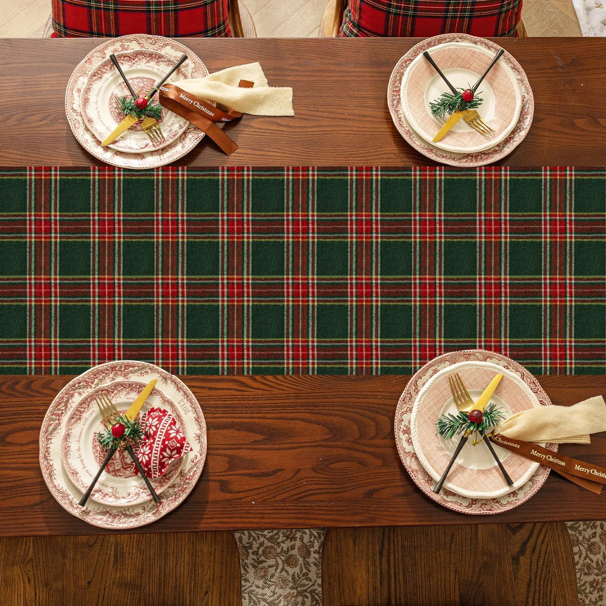 Christmas Checkered Tartan Table Runner - Green Buffalo Plaid Xmas Stain Resistant Washable Table Decoration for Dining/Parties/Holiday Decor, 13 x 120 Inch