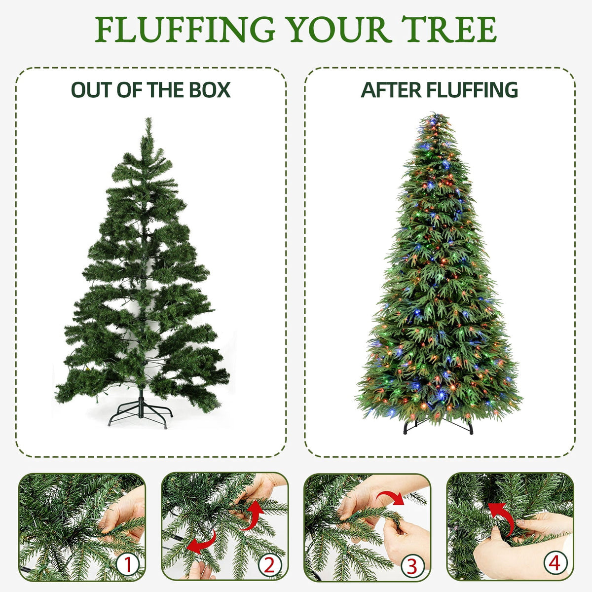 VIVATREES 7.5FT Premium Christmas Tree Pre-Lit Artificial Xmas with 550 Multi Color LED Lights, 5582 PVC PE Hinged Branch Tips Metal Base for Holiday Decor