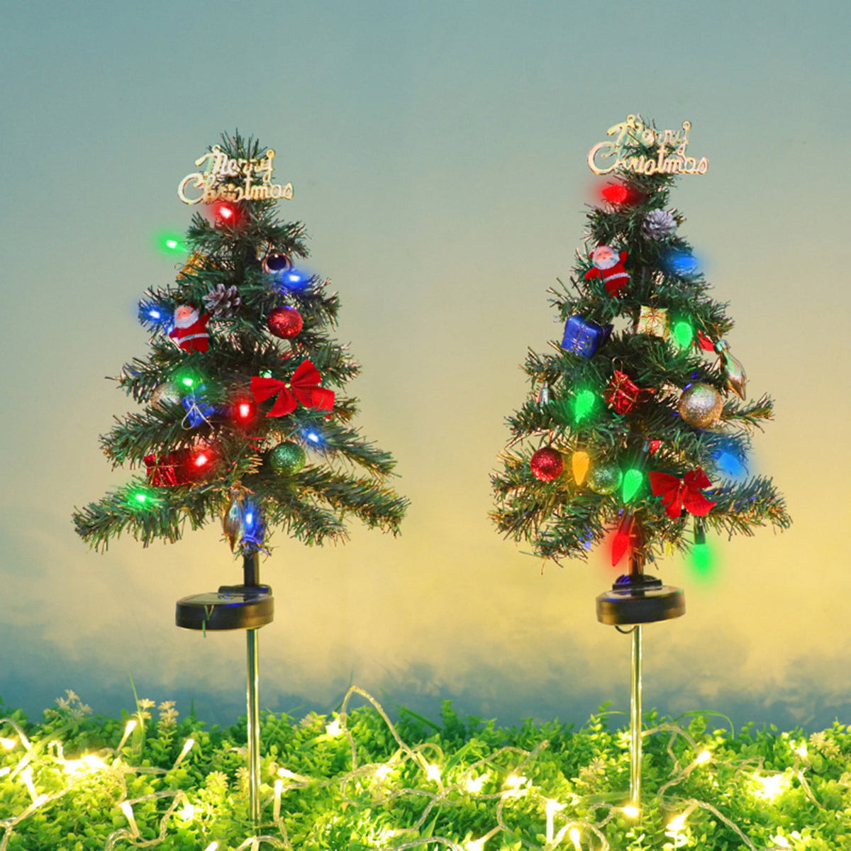 Gnmfd Solar Christmas Tree Outdoor Decorative LED Lights, Bow and Merry Christmas Ground Insert Lights, Waterproof Yard Holiday Lighting for Porch Garden Patio Landscape Decoration
