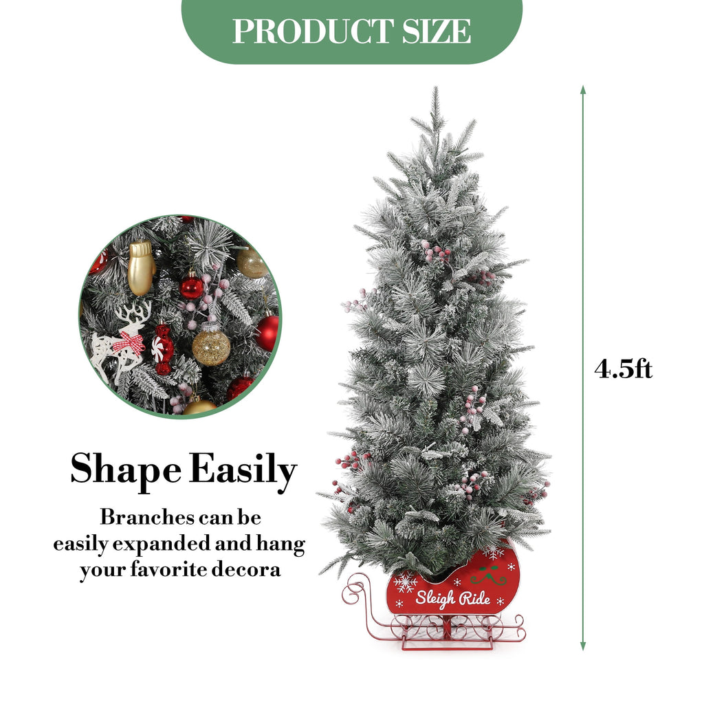 Somikis 3ft Pre-Lit Artificial Mini Christmas Tree with 78LED Lights, 8 Mode Includes Red Berries & Sleigh Base, 2 Pcs
