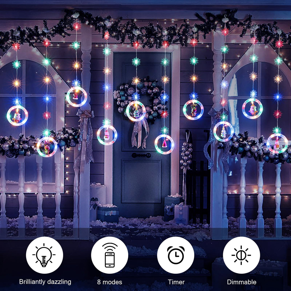 WILLED Christmas String Lights, 120 LED Window Curtain Lights with Christmas Ornaments, 9.8ft USB Powered Warm White Waterproof Fairy Lights Indoor Outdoor for Xmas Tree Patio Garden Party Home Decor