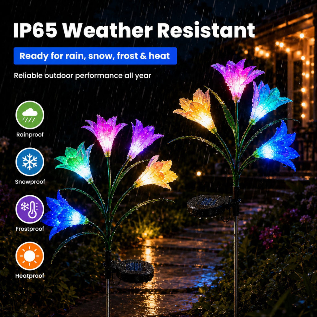 Solar Garden Lights Outdoor, 2 Pack 8 Lily, Solar Flowers Light Waterproof, Multi-color Changing LED Solar Stake Lights for Outside Patio Garden Pathway Yard Decoration