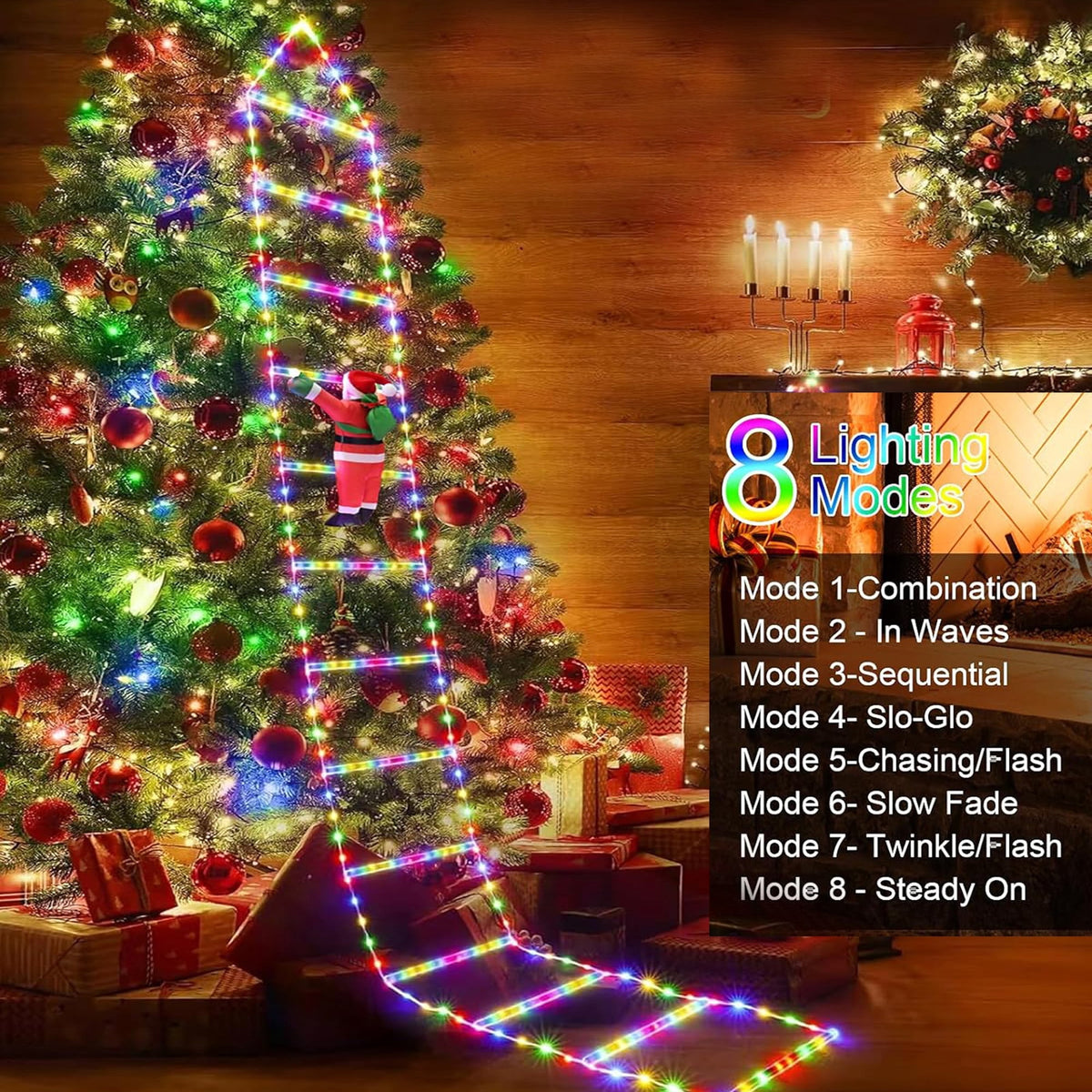 Morfone Christmas Decorations LED Ladder Lights with Climbing Santa Claus, 10.5ft Christmas Decorative String Lights for Indoor Outdoor, Window, Garden, Home, Wall, Xmas Tree Decor, Multicolor