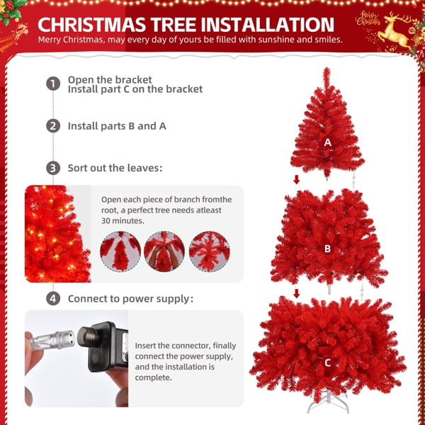 7FT Pre-Lit Red Christmas Tree - 1100 PVC Branch Tips, 400 LEDs, 10 Modes w/Remote, Flame-Retardant Artificial Holiday Centerpiece