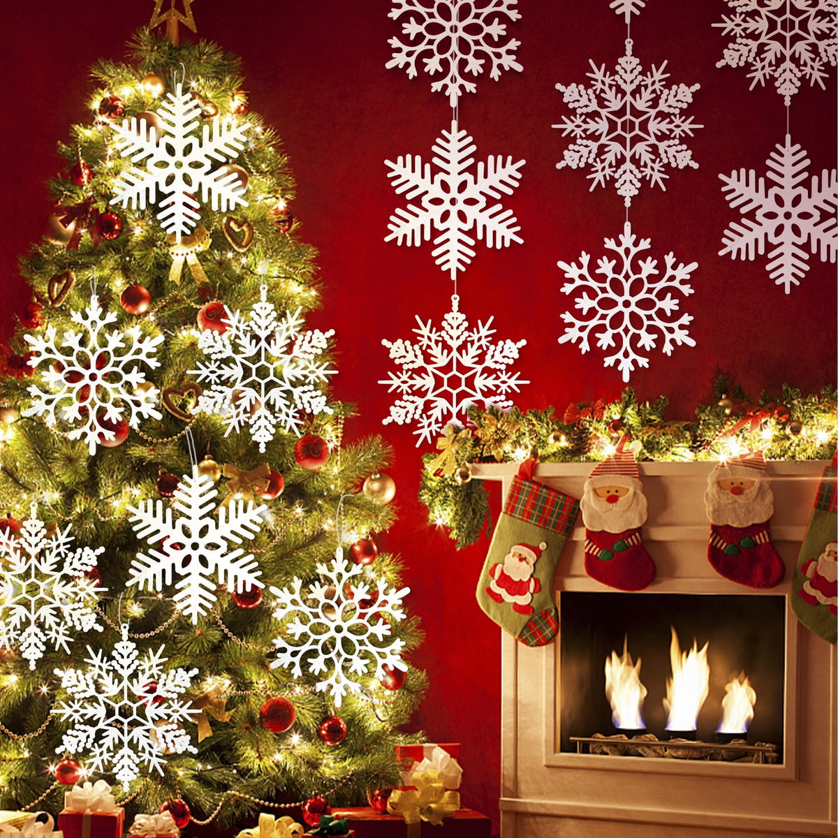Ayieyill 6 Pieces Large Snowflakes Ornaments 12'' Glittered Snowflakes Decorations Christmas Hanging Snowflake Decorations for Winter Christmas Tree Decorations Craft Snowflakes (Iridescent)