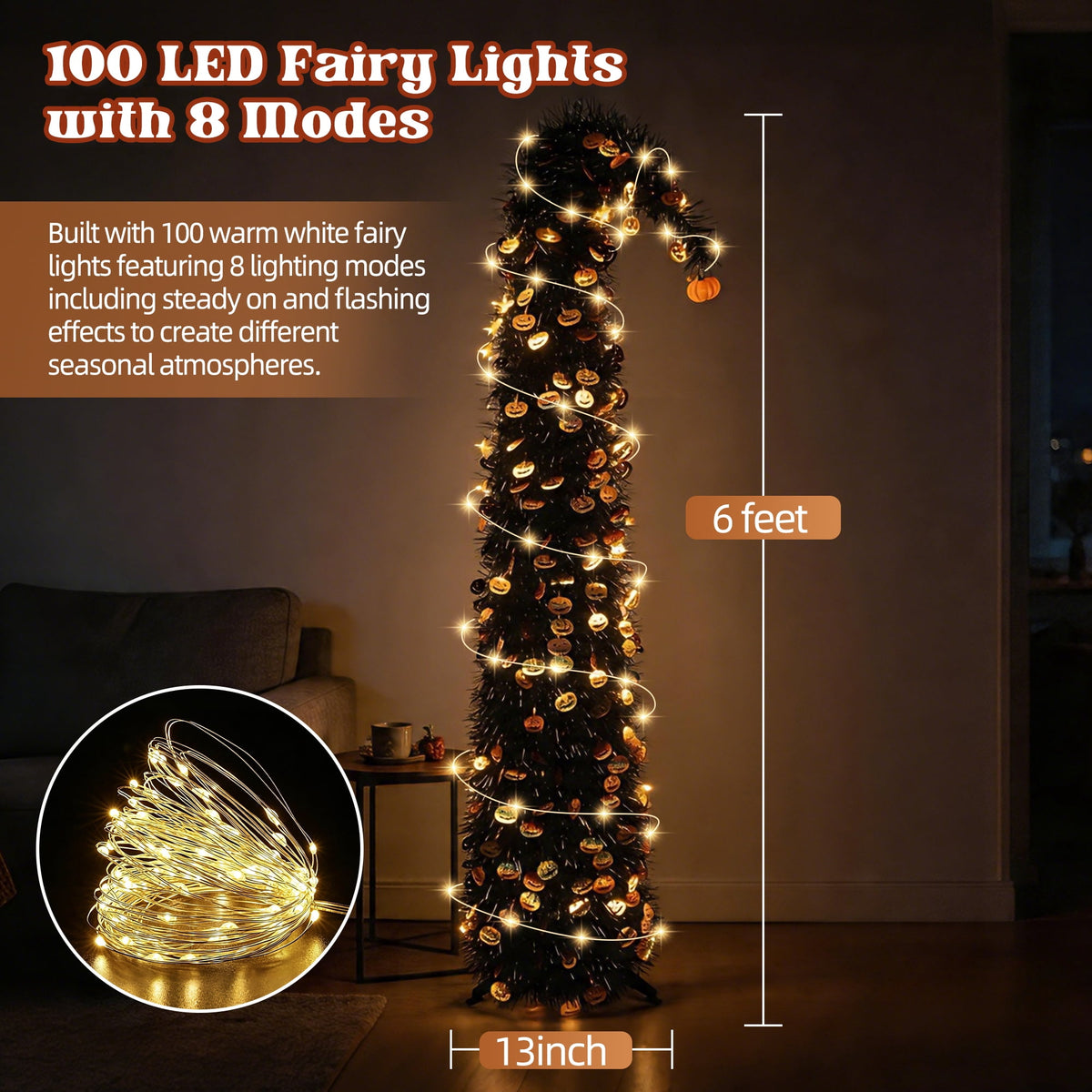 6FT Slim Pop Up Halloween Thanksgiving Tree with Fairy Lights Harvest Tree with Maple Leaves Pumpkins Foldable Collapsible Pencil Fall Tree for Outdoor Porch Patio Deck Living Room Decor