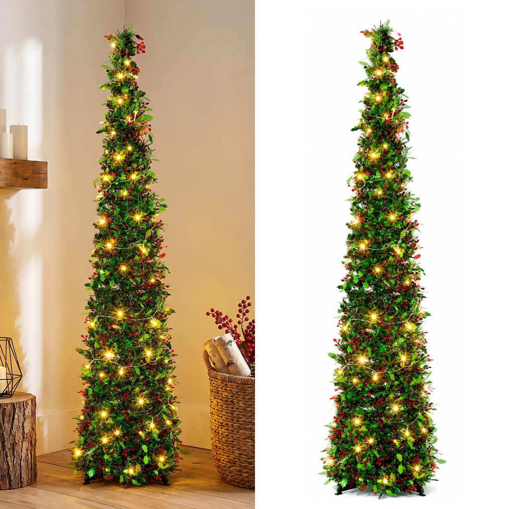 Ayieyill 5ft Pencil Christmas Tree, Collapsible Xmas Tree with Lights, Pop Up Tinsel Tree for Christmas Decorations Indoor, Pink White