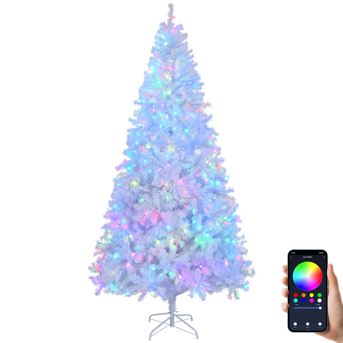 Ktaxon 8 FT Pre-lit Christmas Tree, Xmas Tree Hinged Branches with 500 RGB Lights and 1500 Branch Tips APP Controlled, for Holiday Party Store Office Home, White