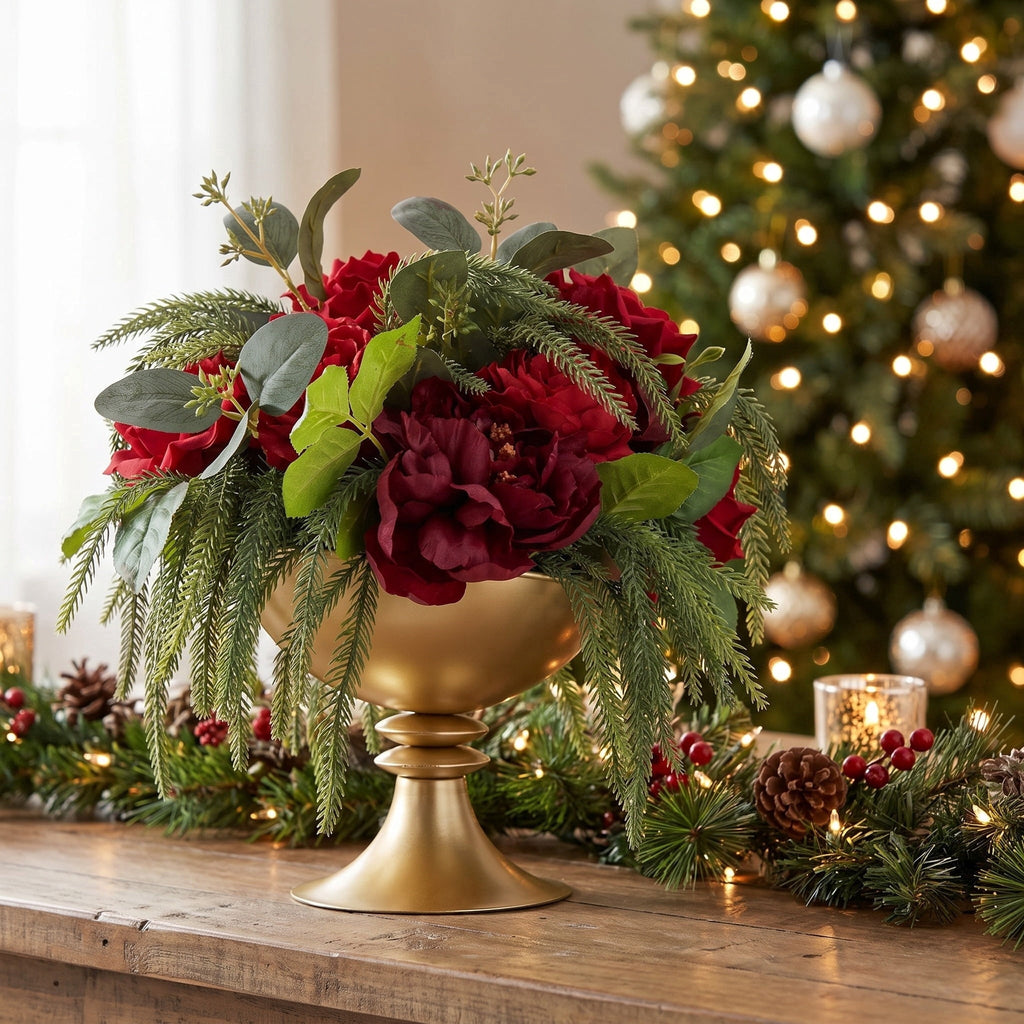 Evergreen and Floral Christmas Arrangement in Metal Pot, Multicolor, 14", by Holiday Time