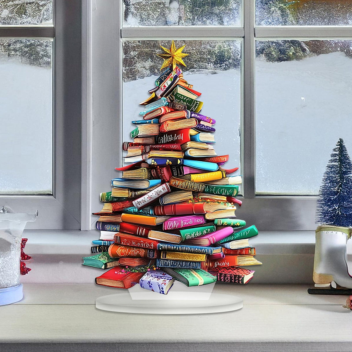 Stack of Books Christmas Trees Tabletop Decor Rustic Acrylic Flat Christmas Trees Xmas Centerpieces Table Wooden Signs Farmhouse Table Home Decor for Winter Home Office Farmhouse