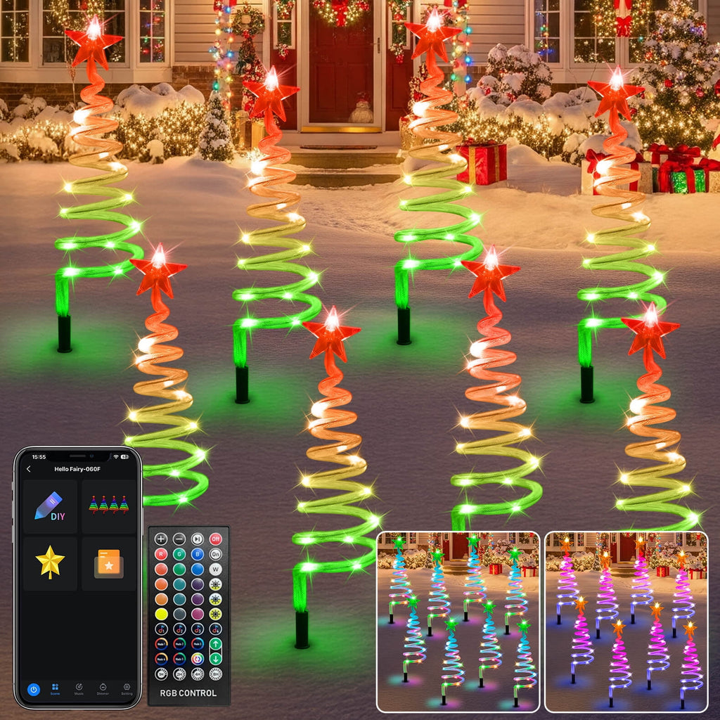 Set of 8 Smart Spiral Christmas Tree Pathway Lights with Programmable Fairy RGB LED Lights App-Controlled