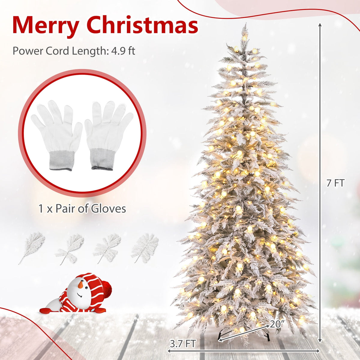 Costway 7 ft Flocked Cypress Christmas Tree with 710 Full PE Branch Tips, 350 LED Lights Sparse-Style White