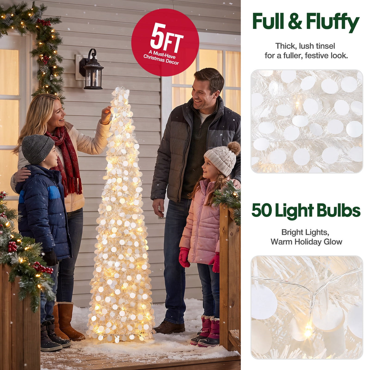 Ayieyill 5ft Pencil Christmas Tree, Collapsible Xmas Tree with Lights, Pop Up Tinsel Tree for Christmas Decorations Indoor, Pink White
