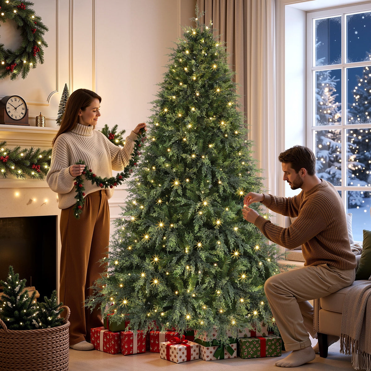 Lolsea 7ft Prelit PE Aspen Cypress Artificial Christmas Tree with Remote Control, Timer and Warm White & Multi-Color Lights
