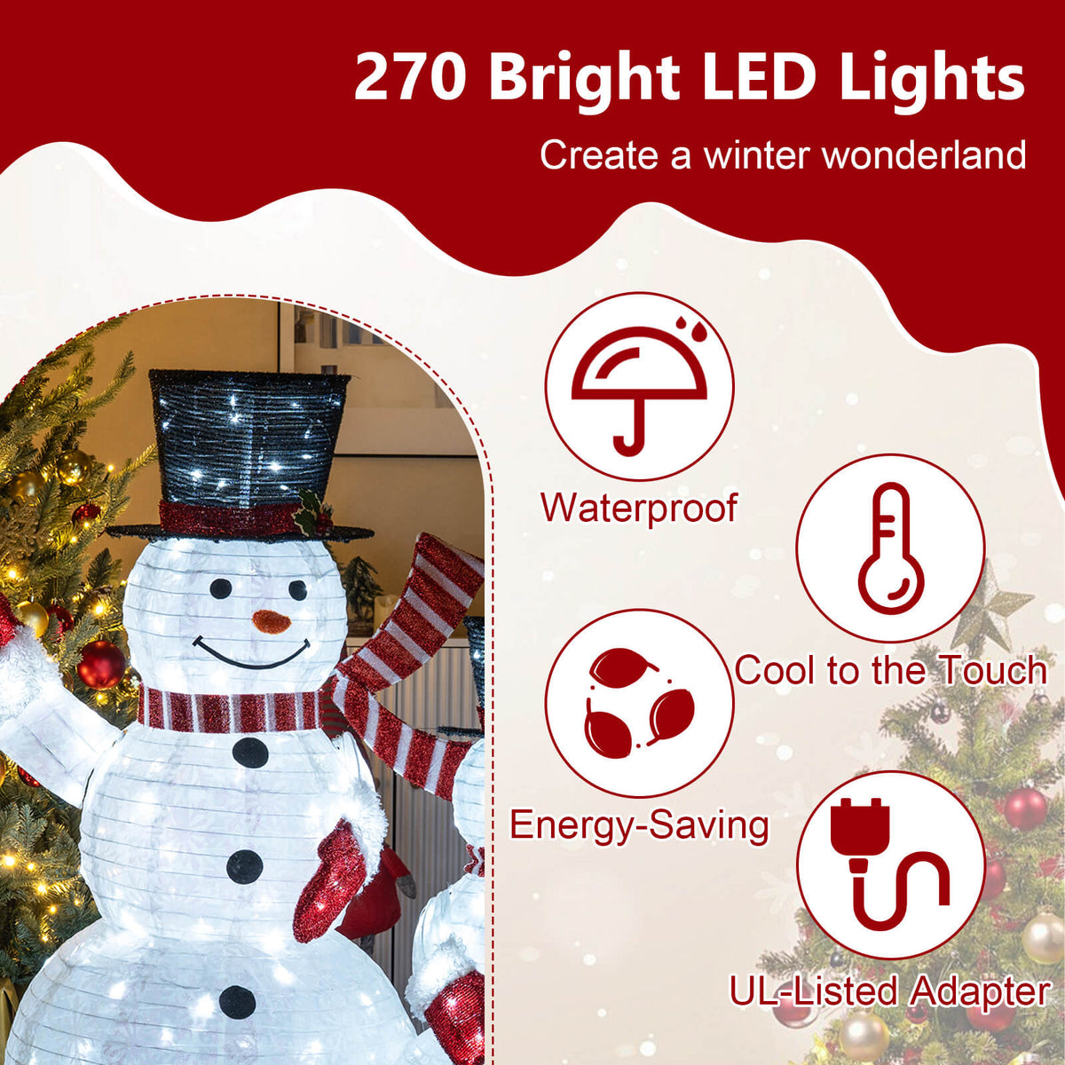 Costway 3PCS Pre-Lit 3D Snowman Set with 270 LED Lights for Home Lawn Yard Garden Plug in