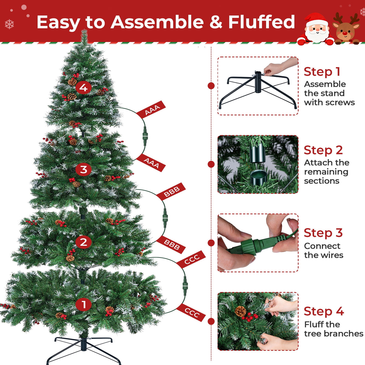 Firstness 6ft Pre-Lit Artificial Christmas Tree with Storage Bag, Warm & Multicolor Xmas Tree with 975 Branch Tips,Pine Cones + Red Berries