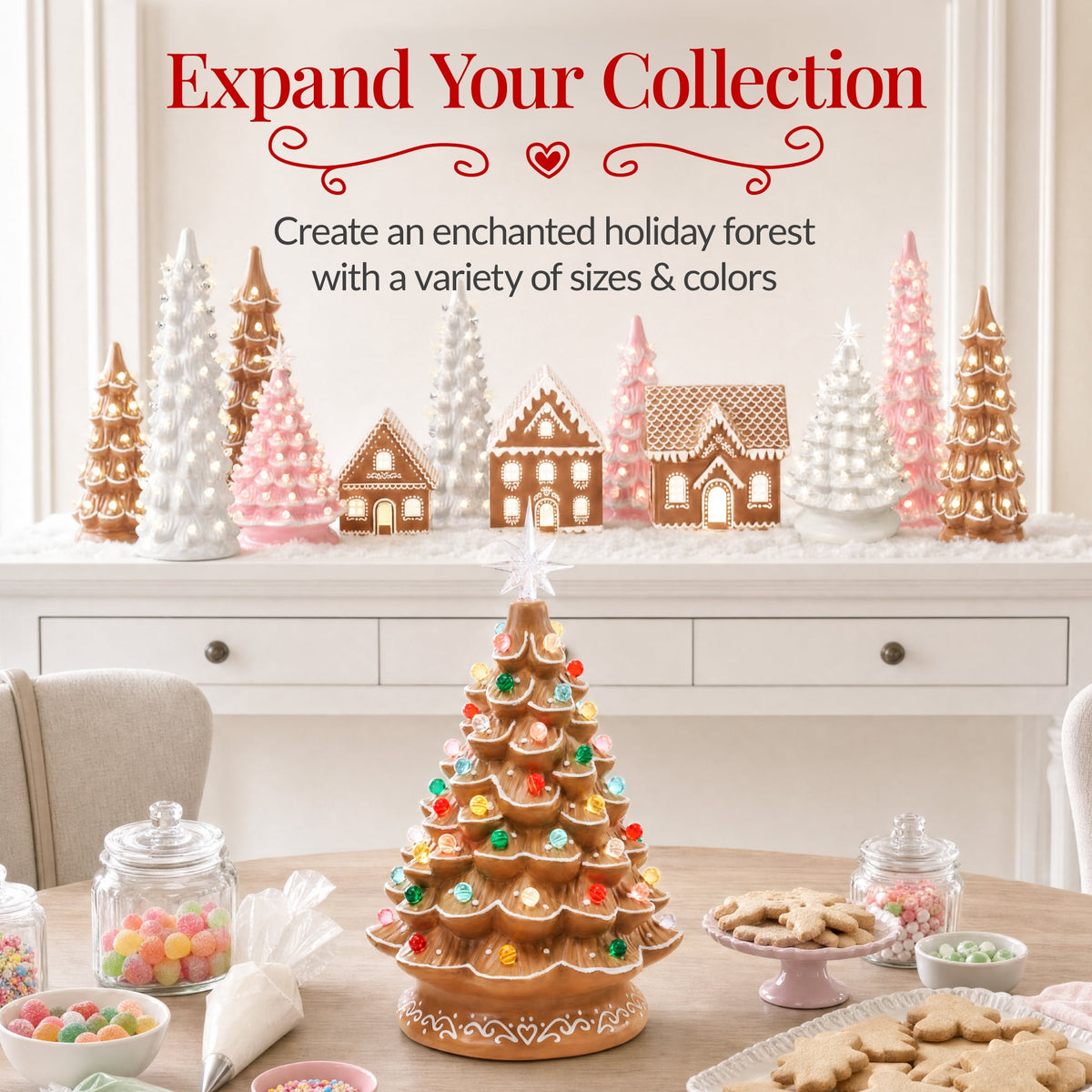 Best Choice Products 15in Ceramic Christmas Tree, Pre-lit Hand-Painted Tabletop Holiday Tree, Gingerbread Red/White/Grn