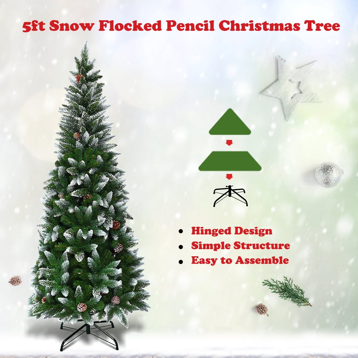Topbuy 5'Artificial Pencil Christmas Tree Snow Flocked Tree w/ Pine Cones and Metal stand