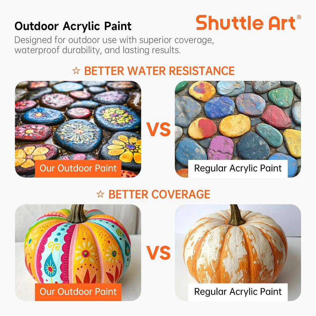 Shuttle Art Outdoor Acrylic Paint Set, 12 Colors Waterproof Paint, 8.45oz/250ml Large Bottles, Rich Pigmented Bulk Painting Supplies on Rocks, Wood, Wall, Crafts, Garden Statues