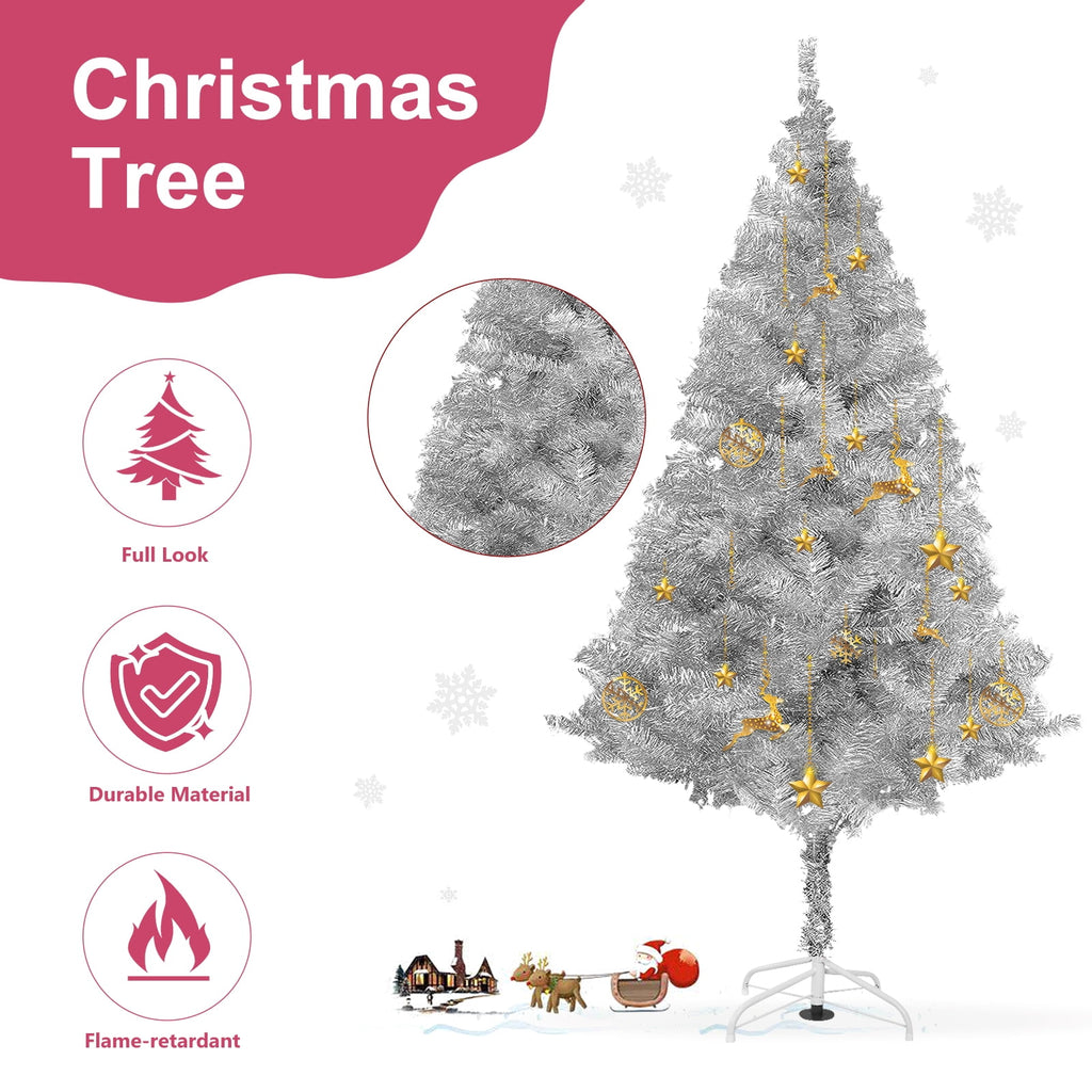 Fawyn 6' Ft Sparking Gorgeous Folding Artificial Tinsel Christmas Tree Silver Color 450 Tips