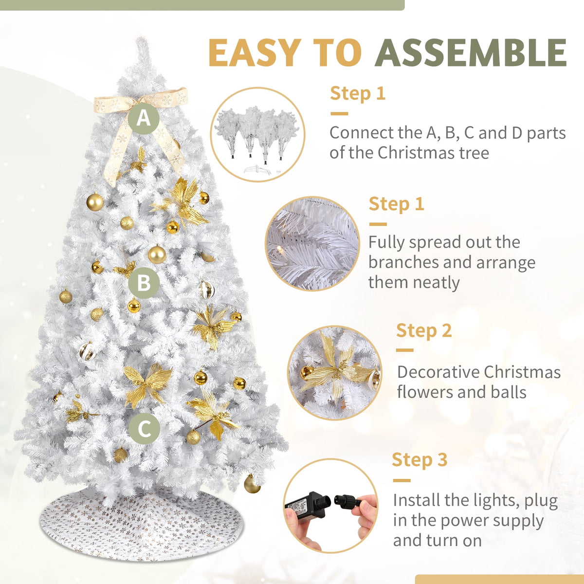 UBesGoo 7.5ft DIY Christmas Tree, Hinged Artificial Pine with 400 Warm LEDs & Golden Ornaments, Includes Tree Skirt, Green