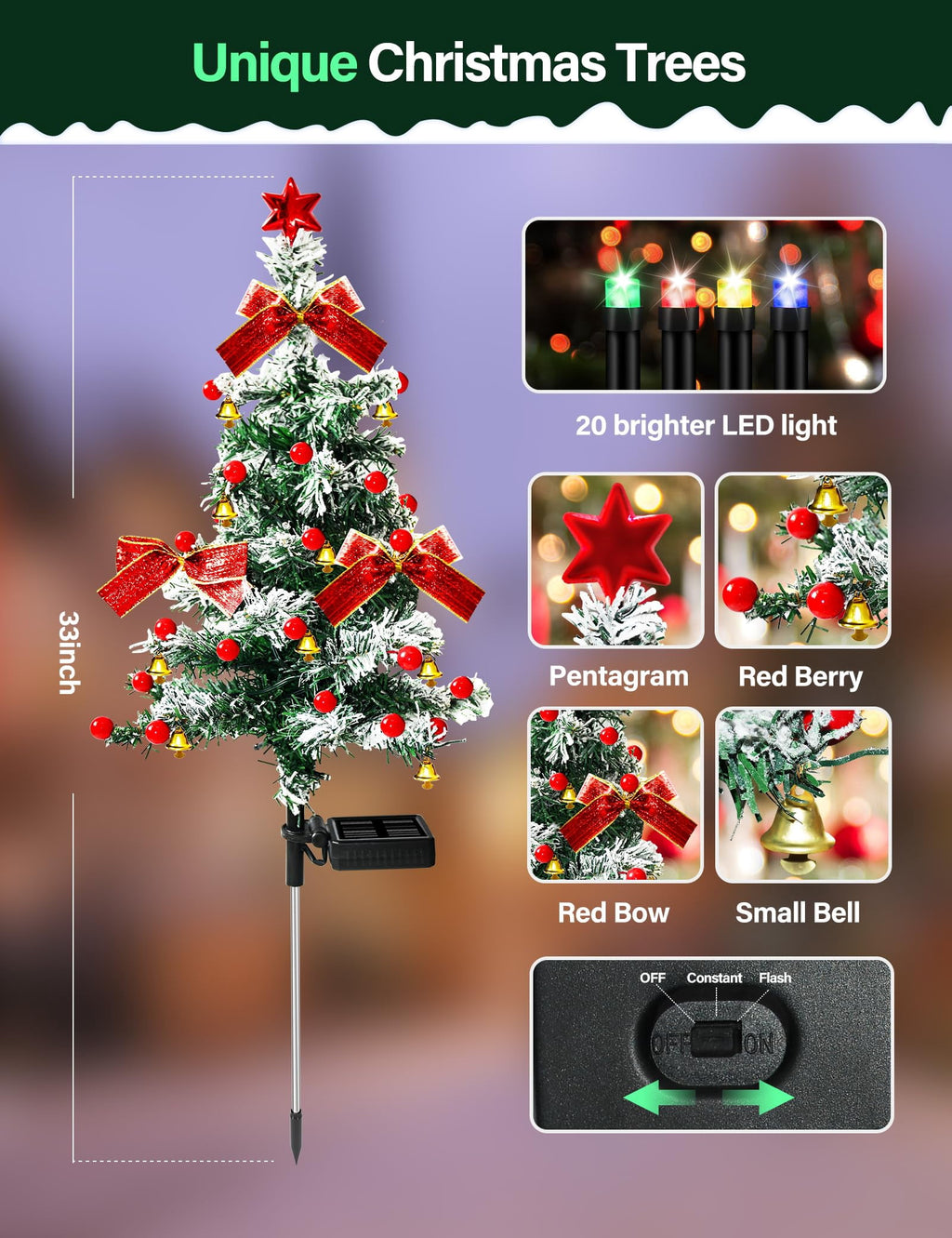 COCOBELA 2PCS Solar Christmas Trees Lights Outdoor Decor Waterproof, 40LED Small Metal Xmas Tree Pathway Lights, Garden Stake Lights Yard Decor with Snow 2 Modes for Path Lawn Patio