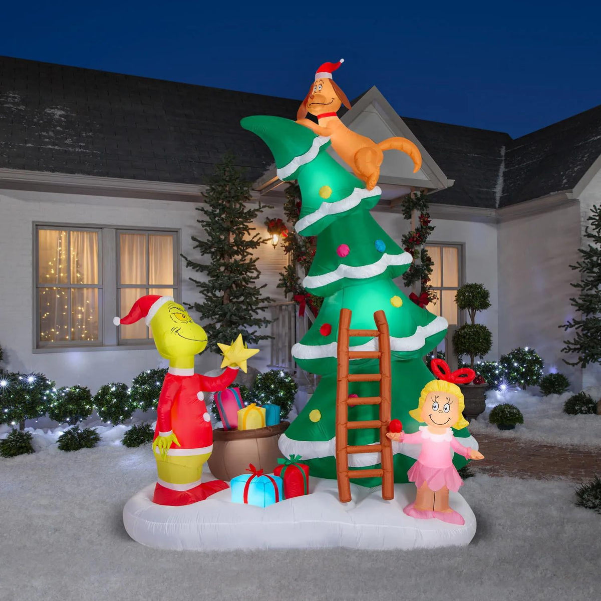Airblown Inflatable Light-Up Dr. Seuss Grinch with Cindy Lou and Max on Christmas Tree Christmas Decoration