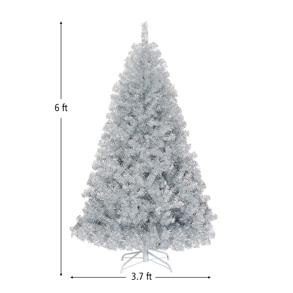 Costway 6Ft Hinged Unlit Artificial Silver Tinsel Christmas Tree Holiday w/Metal Stand