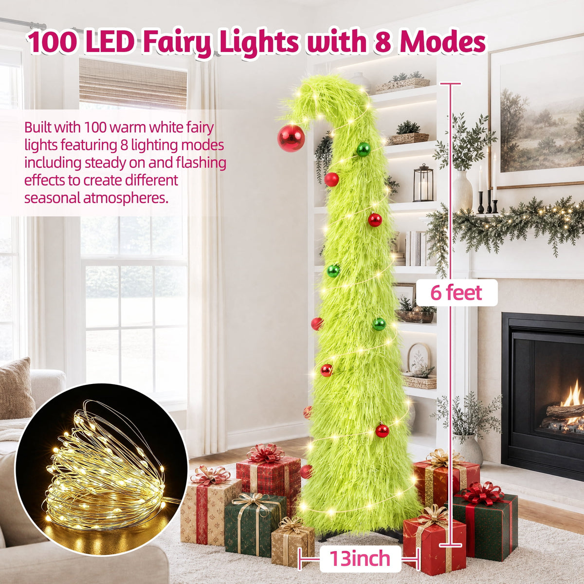 6FT Slim Pop Up Halloween Thanksgiving Tree with Fairy Lights Harvest Tree with Maple Leaves Pumpkins Foldable Collapsible Pencil Fall Tree for Outdoor Porch Patio Deck Living Room Decor