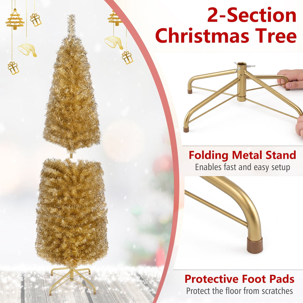 Costway 6FT Unlit Pencil Slim Tree Artificial Christmas Tree Metal Blue