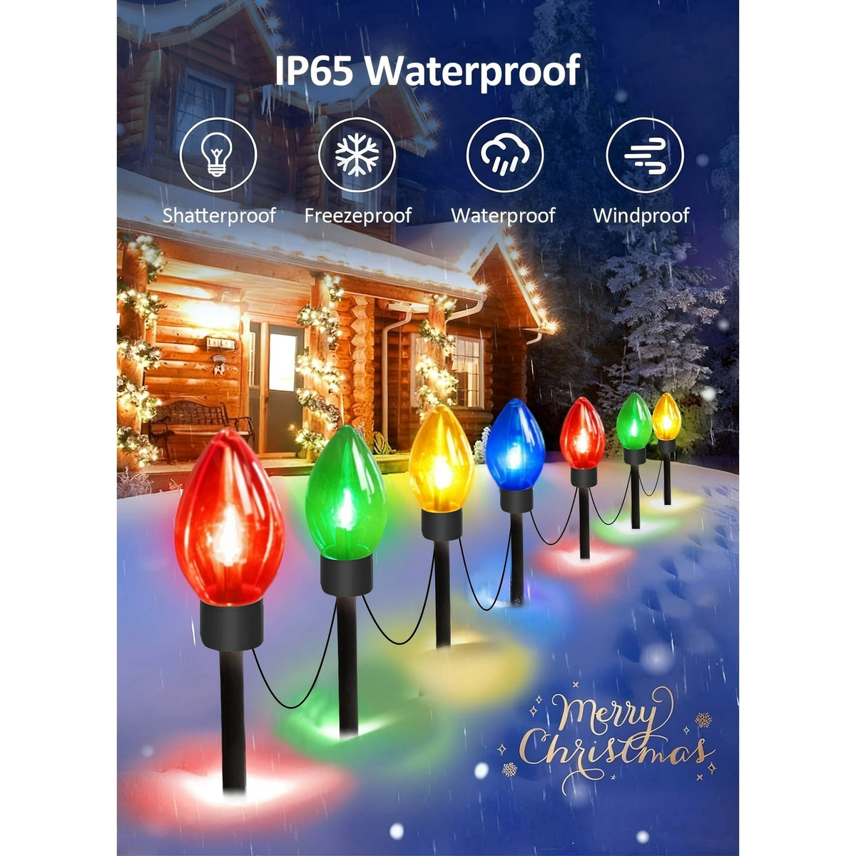 PMMIPNW Upgrade Christmas Pathway C9 String Lights Outdoor, 25 Ft with 12 Large Bulbs Stakes, Waterproof for Xmas Party Holiday Commercial Outdoor Decoration