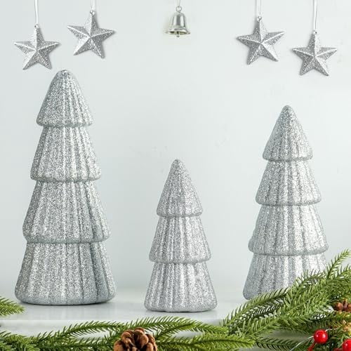 3 Piece Silver Glitter Artificial Christmas Tree Decorations Foam Tabletop Trees for Mantel and Holiday Party Decor