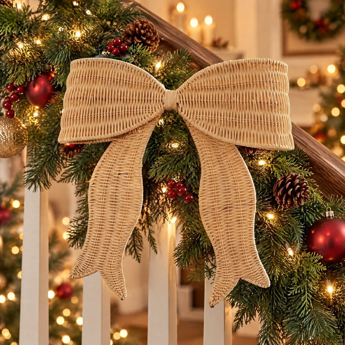 Woven Rattan Bow Christmas Decoration, Beige, 14", by Holiday Time