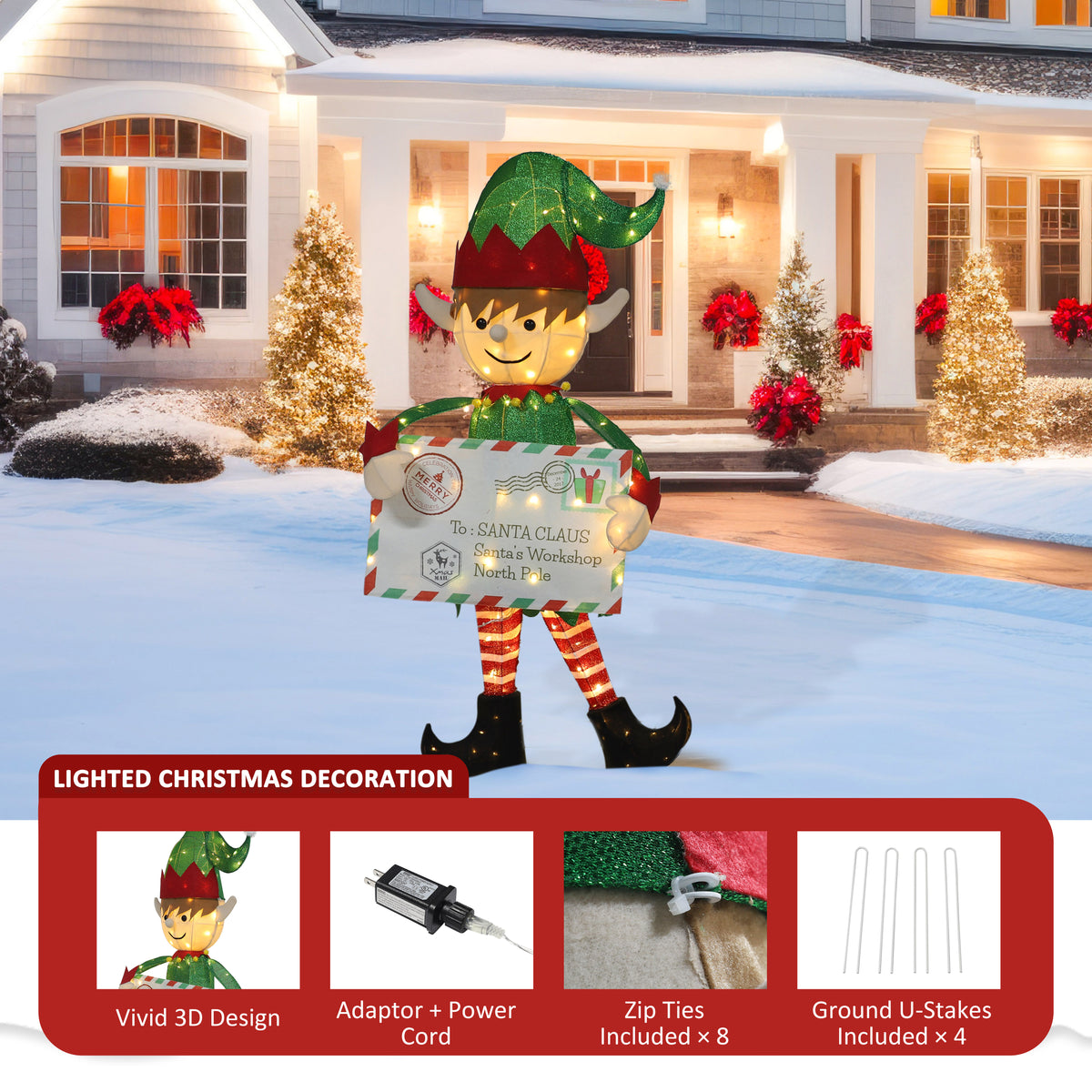 VEIKOUS 4.8ft Christmas Elf Decoration W/ 100 Warm White LED Lights, Envelope & Ground Stakes, Waterproof Pre-Lit Yard Decor for Holiday