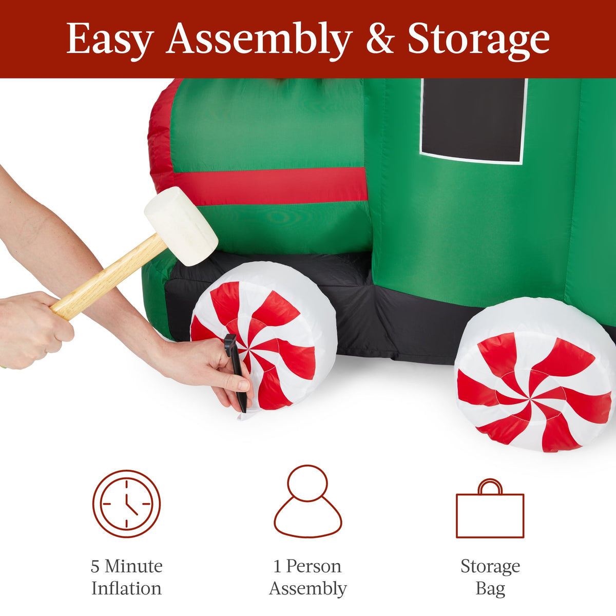 Best Choice Products 8.5 x 5ft Pre-Lit Inflatable Christmas Train & Animated Santa Claus w/ 10 LED Lights, Ground Stakes