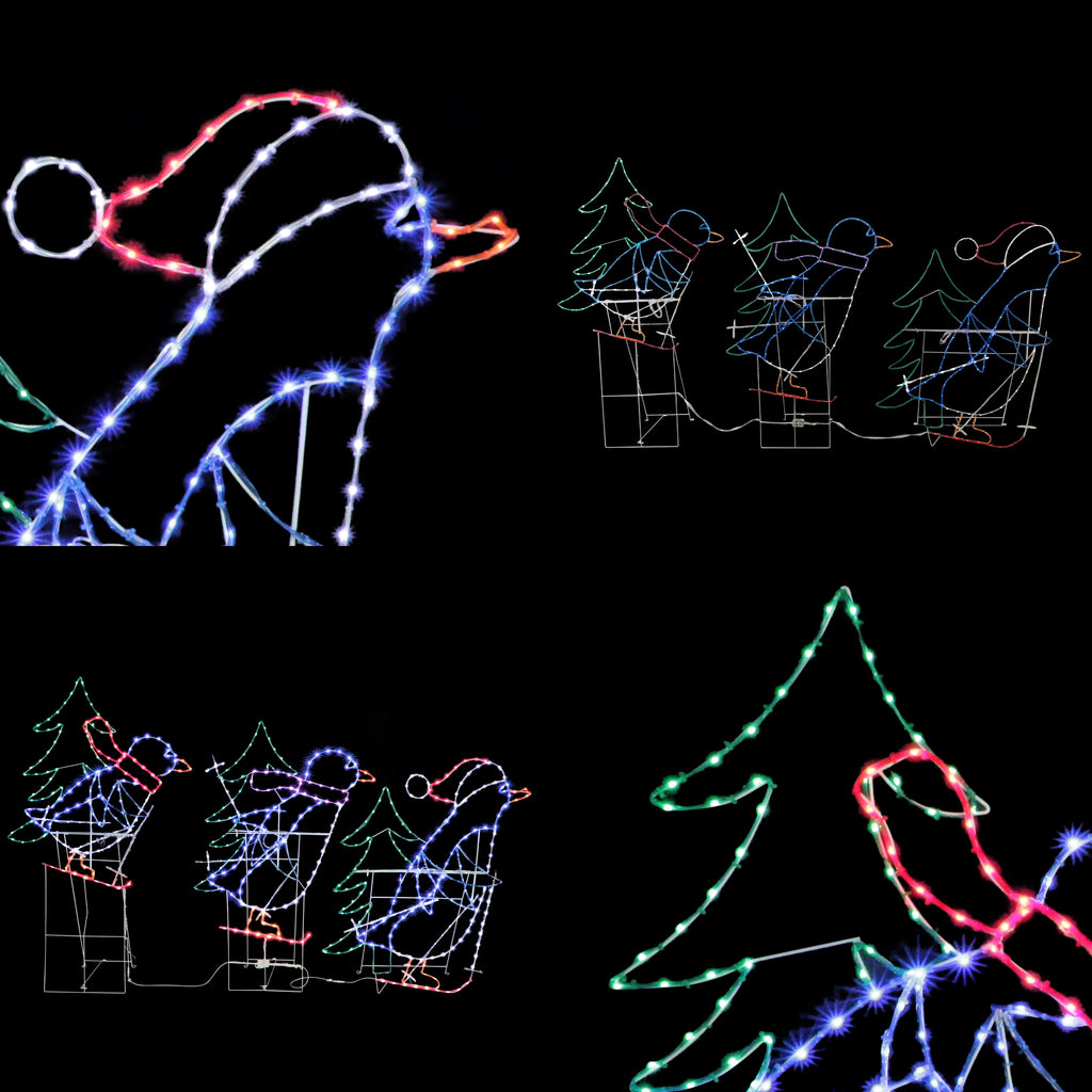 Set of 3 Skiing Penguins with Tree Christmas Outdoor Décor with 614 Multi-Color LED Lights with Motion