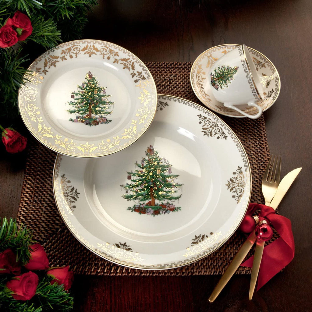 Spode Christmas Tree Gold Dinner Plate, 10.5-Inch Porcelain Dinner & Appetizer Plate, Holiday-Themed Serving Plate, Microwave & Dishwasher Safe, Festive Collectible Seasonal Dining Plate