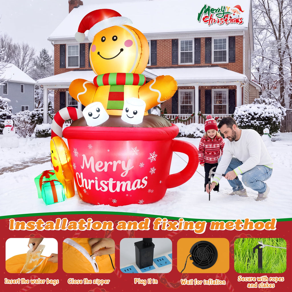 Yexmas 6FT Christmas Inflatable Gingerbread Man in Hot Cocoa Mug Blow Up Decor with LED Lights, Candy Cane, Marshmallows and Gift Box, for Yard, Lawn,Garden