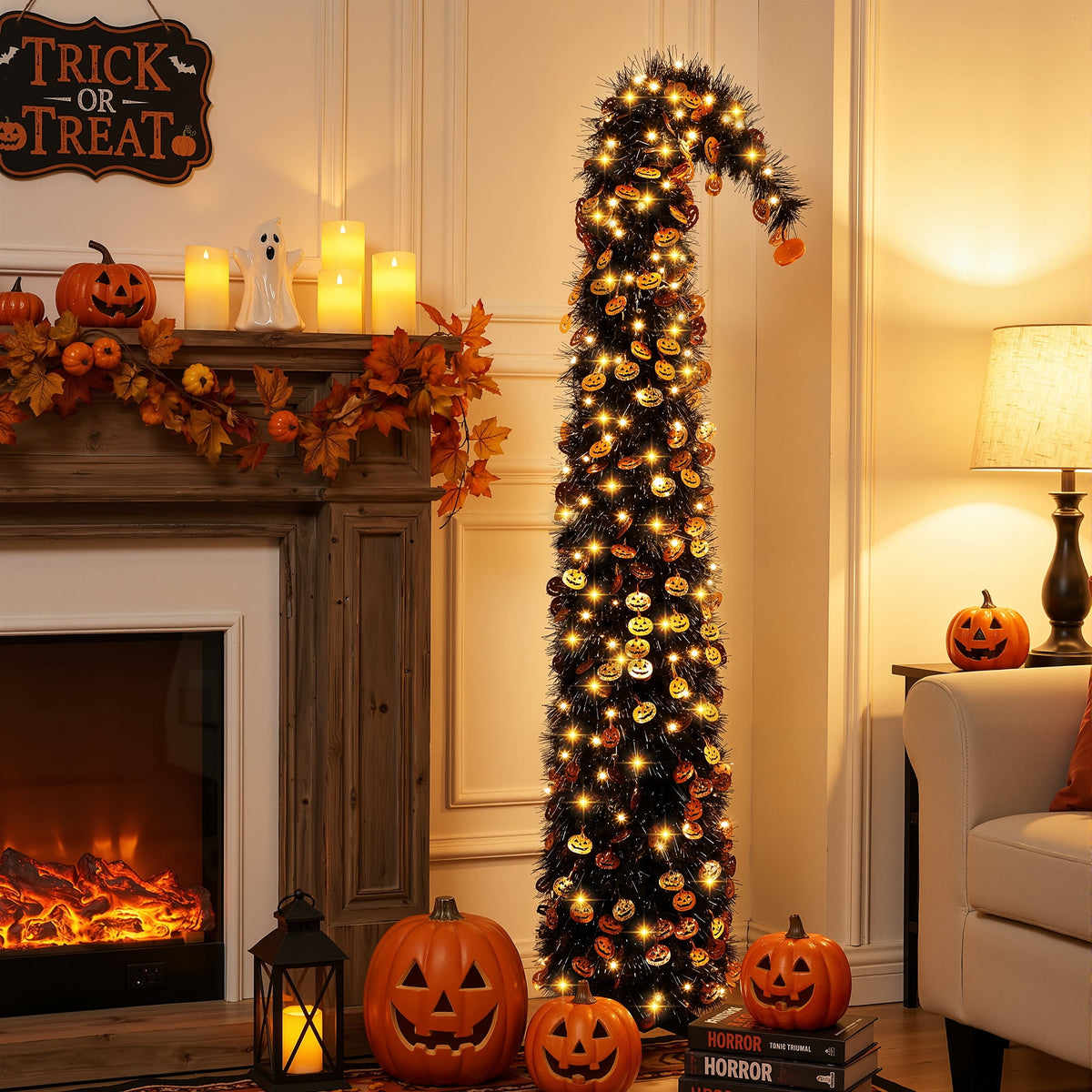 6FT Slim Pop Up Halloween Thanksgiving Tree with Fairy Lights Harvest Tree with Maple Leaves Pumpkins Foldable Collapsible Pencil Fall Tree for Outdoor Porch Patio Deck Living Room Decor