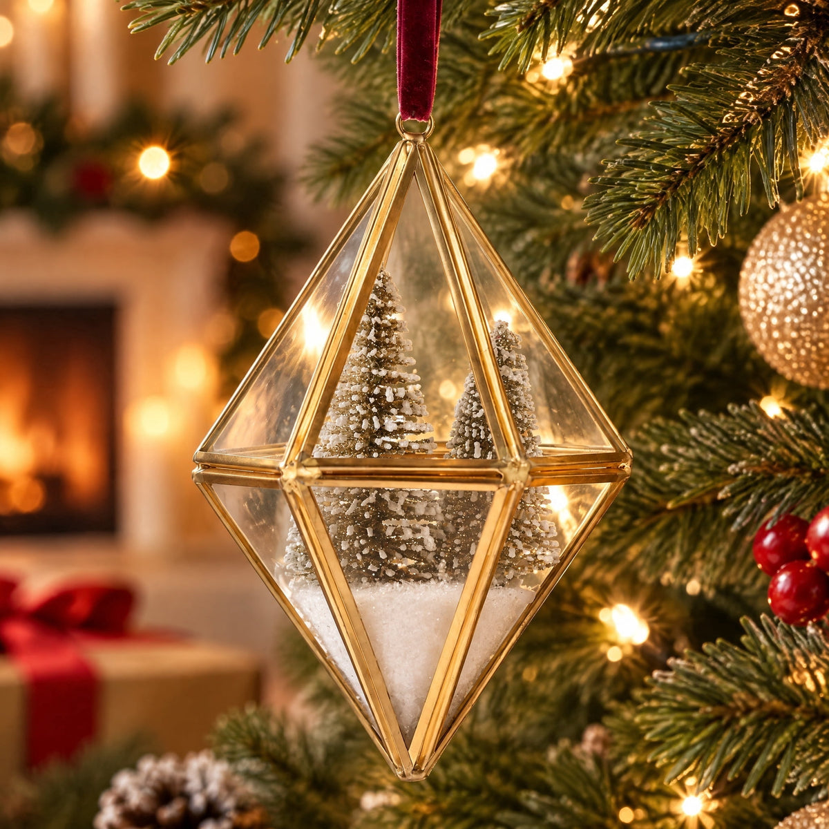 Gold Metal and Glass Diamond with Snow-Flocked Trees Christmas Ornament, 5.3", by Holiday Time