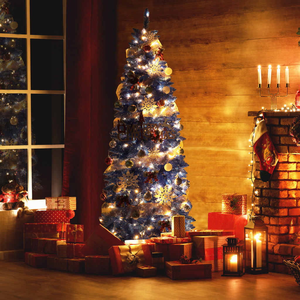 VEIKOUS 6.5ft Pre-lit Pencil Christmas Tree Slim w/250 LED Lights & Metal Stand, Green