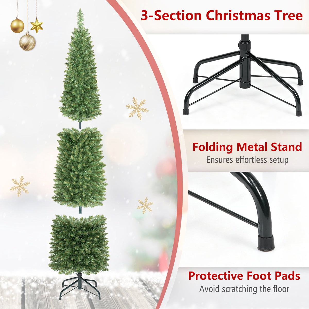 Costway 5 FT Pre-Lit Pencil Christmas Tree with 150 LED Lights & 296 Branch Tips Party