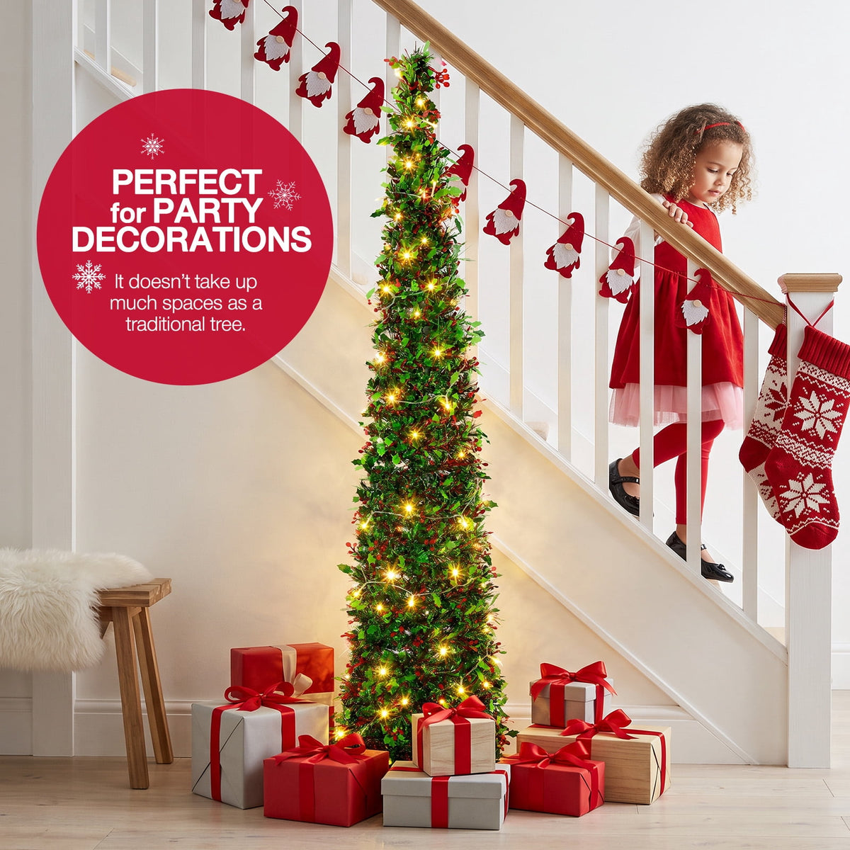Ayieyill 5ft Pencil Christmas Tree, Collapsible Xmas Tree with Lights, Pop Up Tinsel Tree for Christmas Decorations Indoor, Pink White