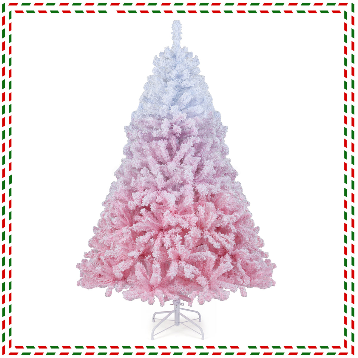 Costway 6 FT Artificial Christmas Tree with 250 Warm White LED Lights, 8 Lighting Modes & Folding Metal Stand White & Pink