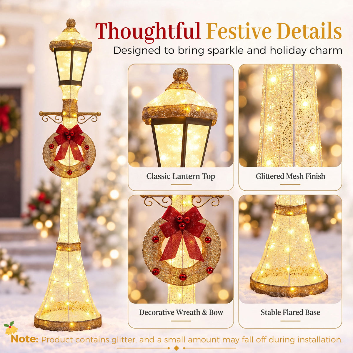 FOOWIN 6FT Christmas Lamppost Set of 2, Outdoor Christmas Lamp Post Decoration with 120 LED Lights, Holiday Porch Lamp Post Decor, Gold