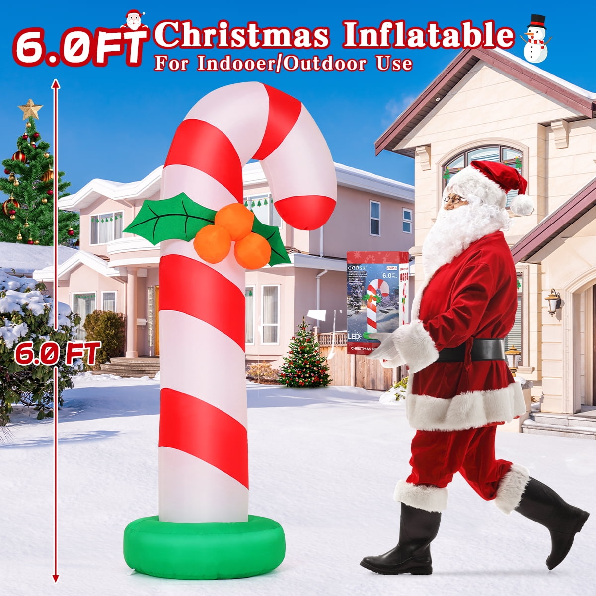 GOOSH 6 FT Christmas Inflatables Giant Candy Cane Decorations, Candy Cane Inflatable with Built-in LEDs, Outdoor Christmas Decorations Clearance for Xmas/Holiday/Party