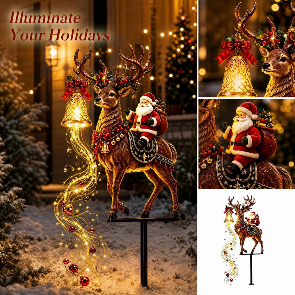 Christmas Reindeer Lighted Yard Stake, Bell and Snowflake Outdoor Decor for Lawn Garden Pathway Porch Holiday Display, 31.9 in