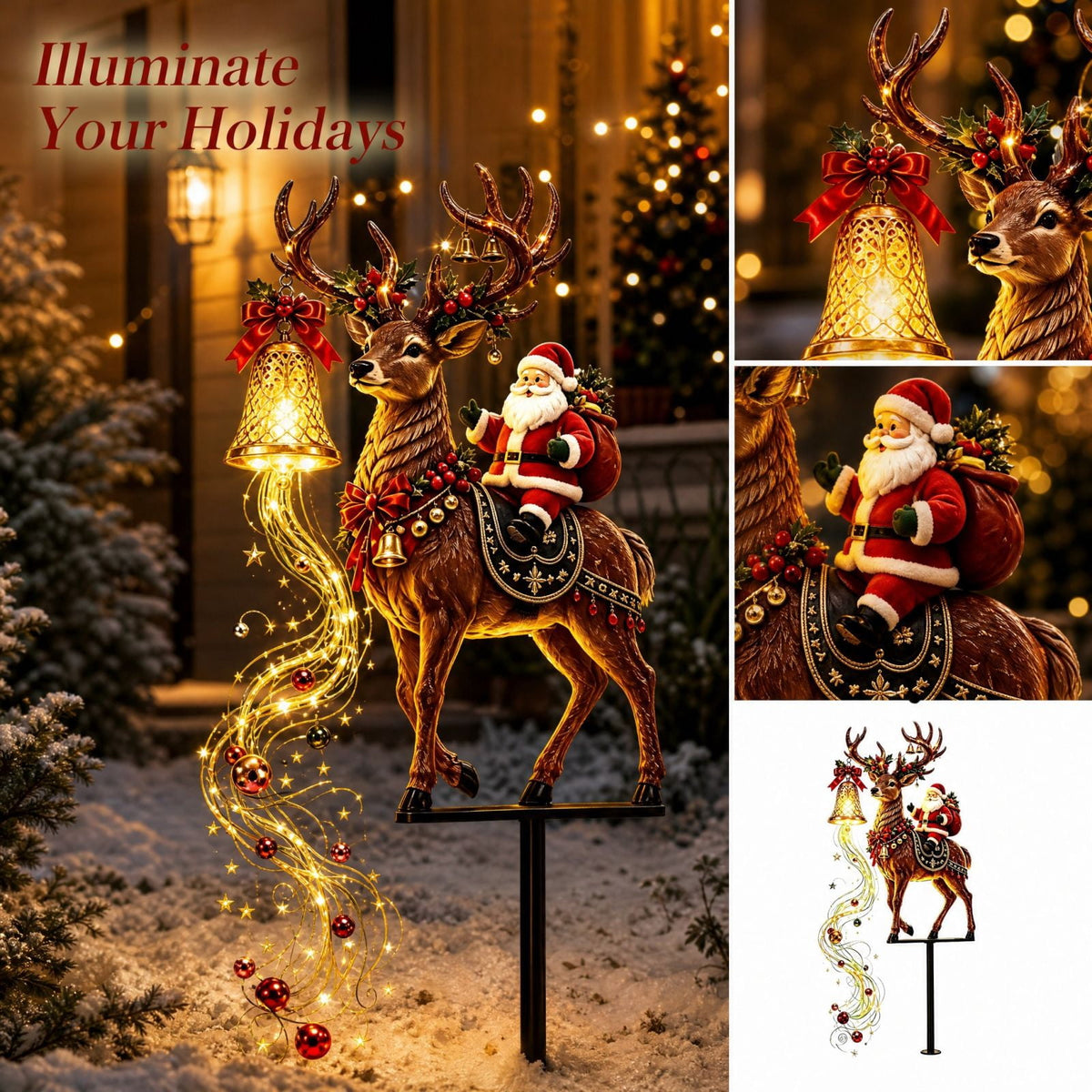 Christmas Reindeer Lighted Yard Stake, Bell and Snowflake Outdoor Decor for Lawn Garden Pathway Porch Holiday Display, 31.9 in