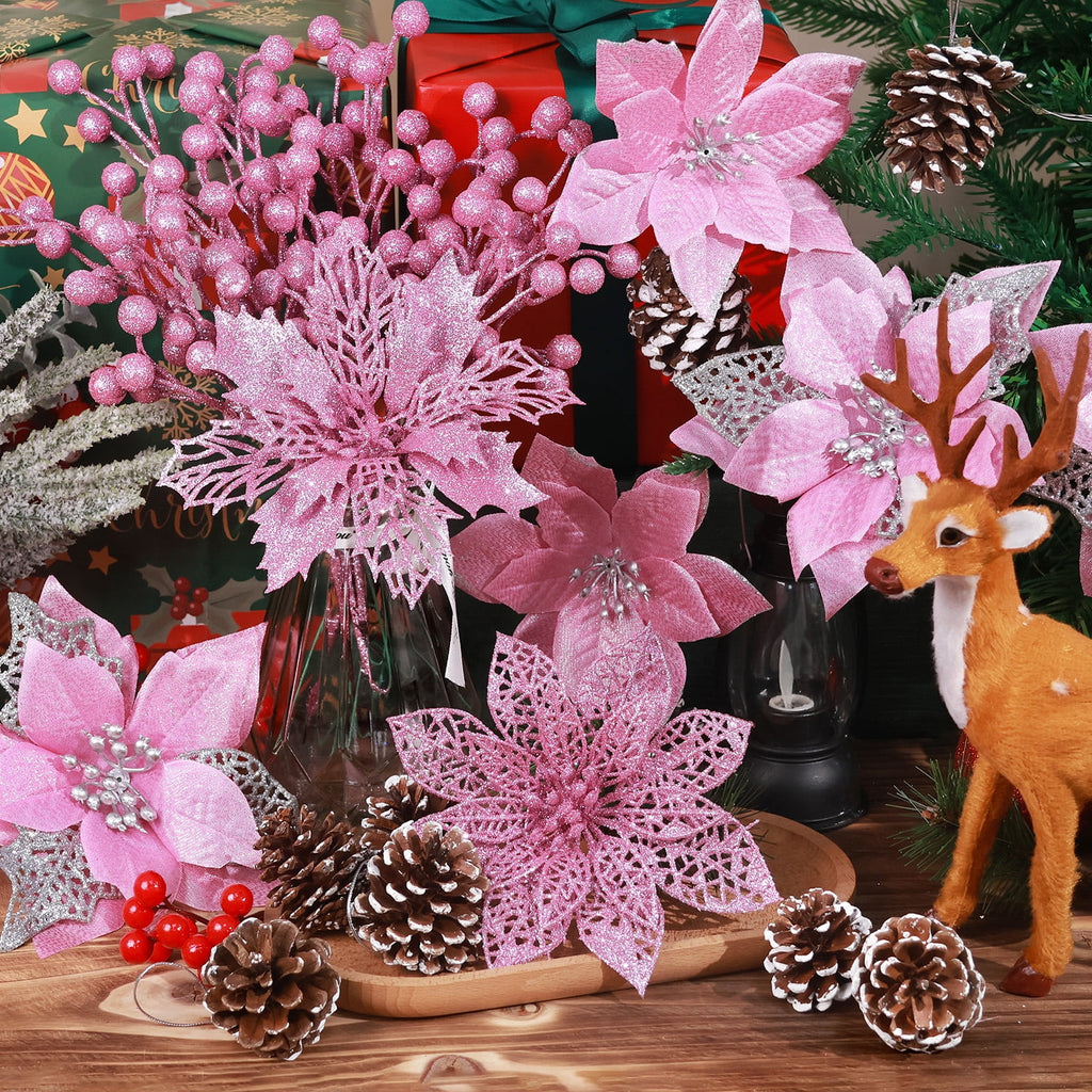 Ayieyill 56Pcs Poinsettia Christmas Flowers Decorations Christmas flower ornaments Artificial Glitter Berry Stems Christmas Pine Cones Christmas Tree Ornaments Set Christmas Tree Decorations (Pink)